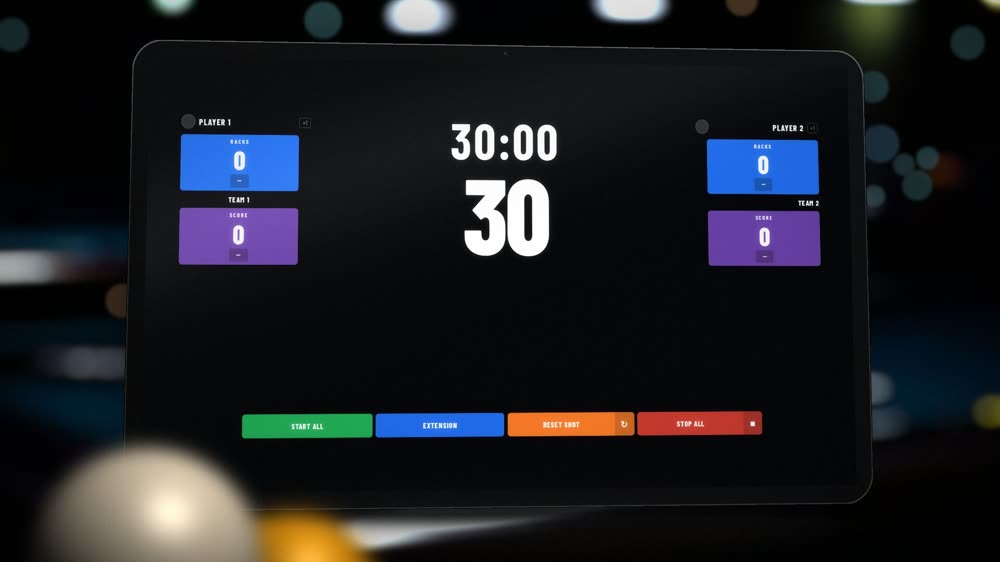 Tablet showing a pool league scoreboard with a 30-second shot clock on a pool table